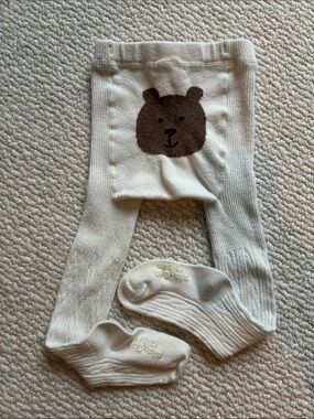 Gap Baby/Kids Bear Face Cream Tights - Cute Brown Bear Design (12-24 months)